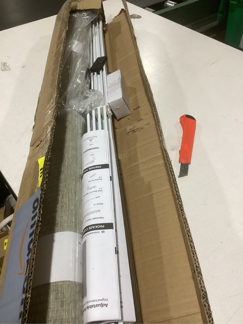 Condition photo showing As Is for unishades adjustable panel track blinds for sliding glass door, cut-to-height paper fabric panels, extendable aluminum track, light filtering vertical blinds for patio door, closet, room divider lattice greige (45 3/4" - 82 5/8") w x 96"h