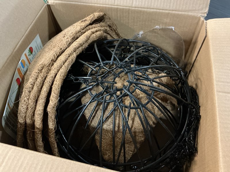 Condition photo showing Good Condition for 12 inch metal hanging baskets for plants outdoor 4 pack round metal wire hanging basket planter with coco fiber liners chain round wire plant holder for garden, patio, deck, porch plants flower potss 12 inch flower border