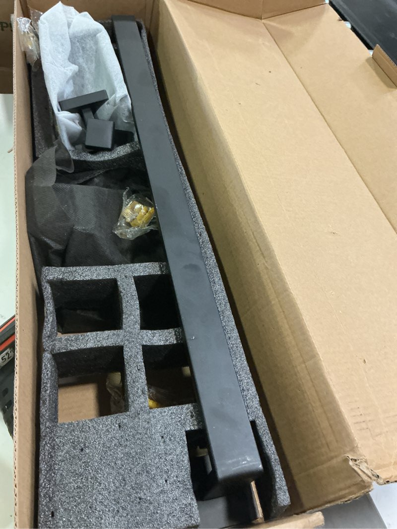 Condition photo showing Good Condition for Matte Black Towel Bar Set 5-Piece Bathroom Hardware Accessories Set Includes 23.6 Inch Towel Bar,Toilet Paper Holder with Shelf,Square Towel Ring and Coat Hooks Stainless Steel Wall-Mounted 5-pcs Black