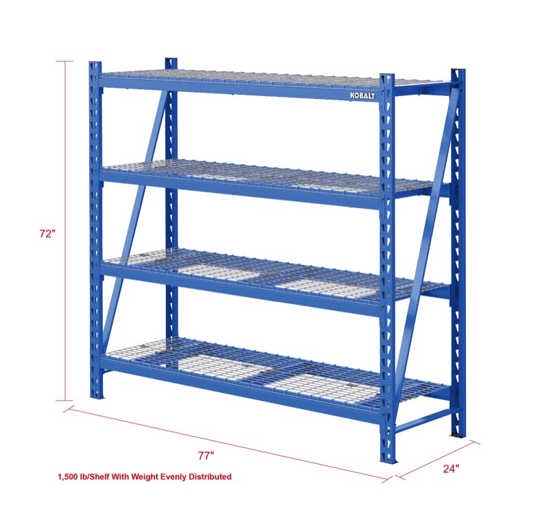 kobalt bolted 4 -tier heavy duty blue metal utility shelving unit with wire shelves ( 77-in w x 24-in d x