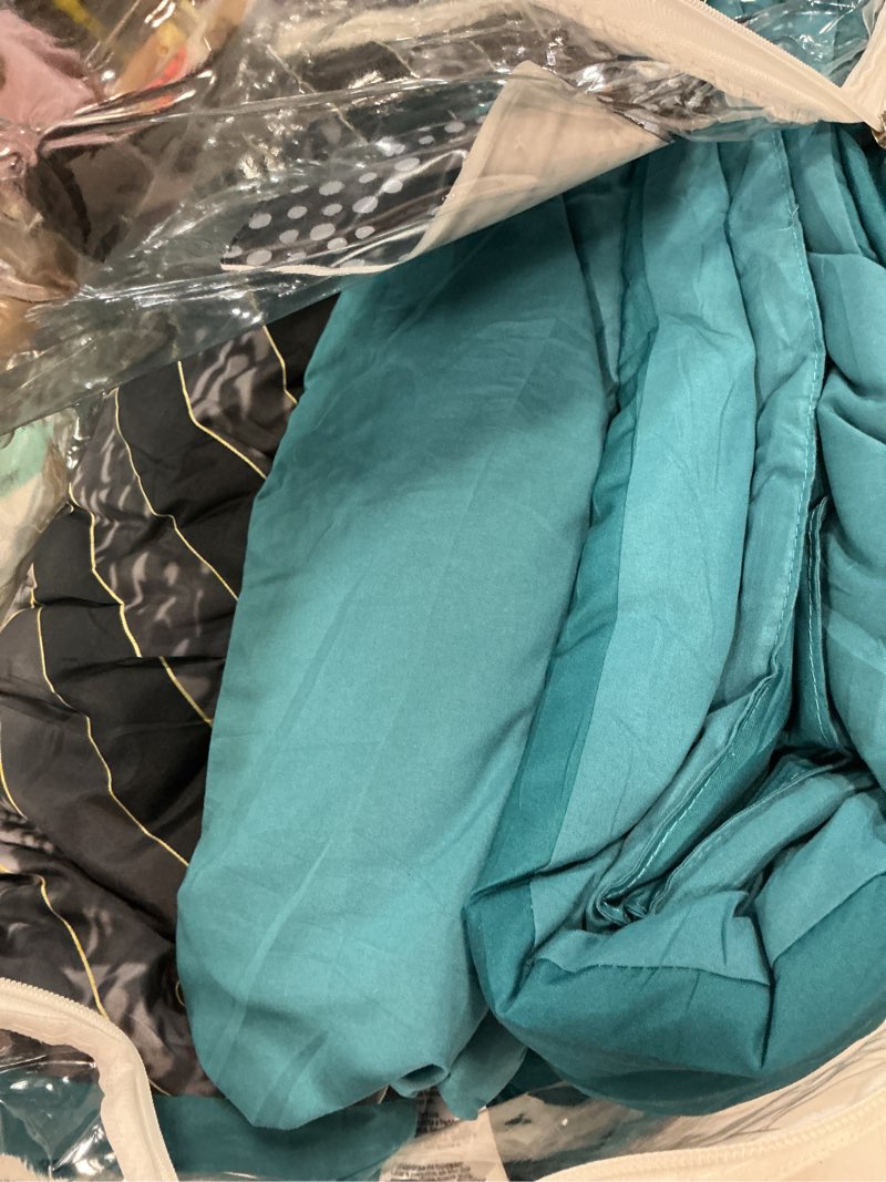 Condition photo showing As Is for luxudecor teal comforter set queen size, 7 pieces stripe geometric bed in a bag, marble comforter and sheet set, soft microfiber complete bedding sets for all seasons queen teal