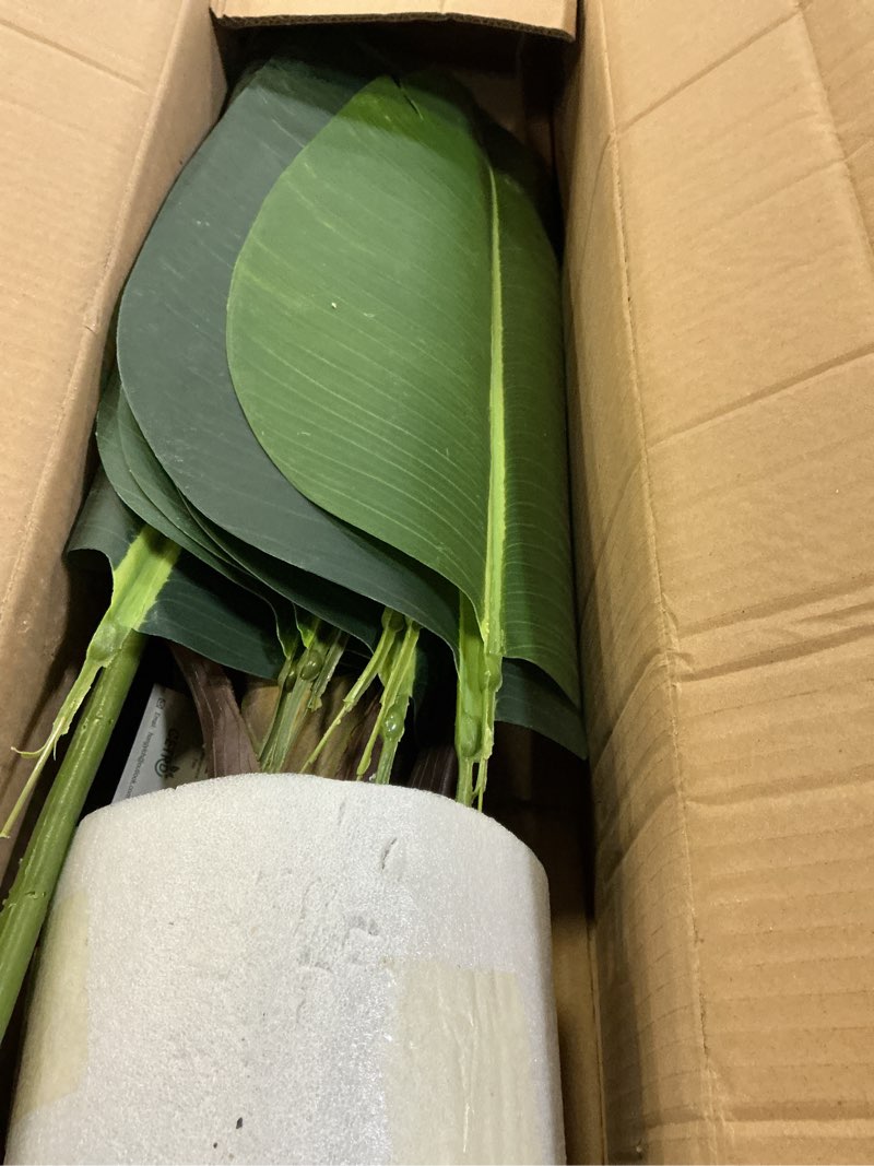 Condition photo showing As Is for artificial bird of paradise plant 5.2ft fake tropical palm tree with 10trunks faux banana leaf trees in pot for home indoor outdoor office modern decor housewarming gift?2pcs? 2pack 5ft