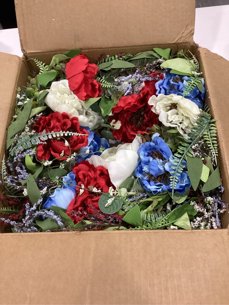 Condition photo showing Good Condition for 24 inch patriotic wreaths for front door, 4th of july wreaths for front door, peony eucalyptus patriotic summer flag wreath handcrafted memorial day artificial flowers wreath for indoor and outdoor blue