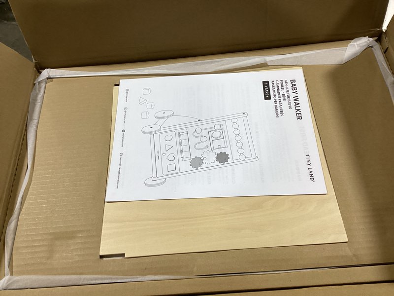 Condition photo showing As Is for Tiny Land Wooden Baby Walker, Adjustable Speed Baby Push Walker for Boys and Girls, Montessori Activity Center Push Toy for Kids Development (Morandi)