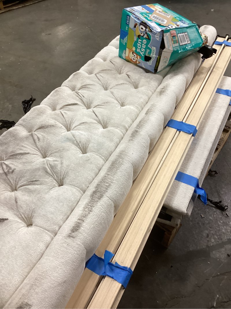 Condition photo showing As Is for koorlian King Size Platform Bed Frame,Upholstered Bed Modern,Sleigh Bed with 51 inch Tall Headboard Footboard,Platform Chenille Bed Luxury,Button Tufted,Sturdy Wood Slats Support,Cream