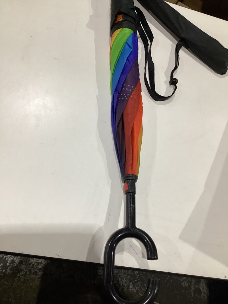 Condition photo showing Good Condition for MRTLLOA Windproof Inverted Reverse Umbrella with UV Protection, C-Shaped Handle Double Layer Stick Umbrella for Rain (Rainbow), HANDLE IS SLIGHTLY BENT