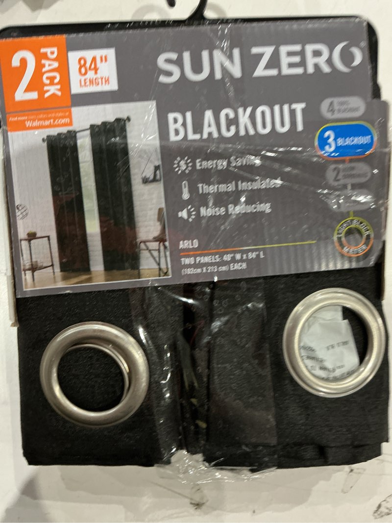 Condition photo showing As Is for sun zero 2-pack arlo textured thermal insulated grommet curtain panel pair, black, 40" w x 84" l