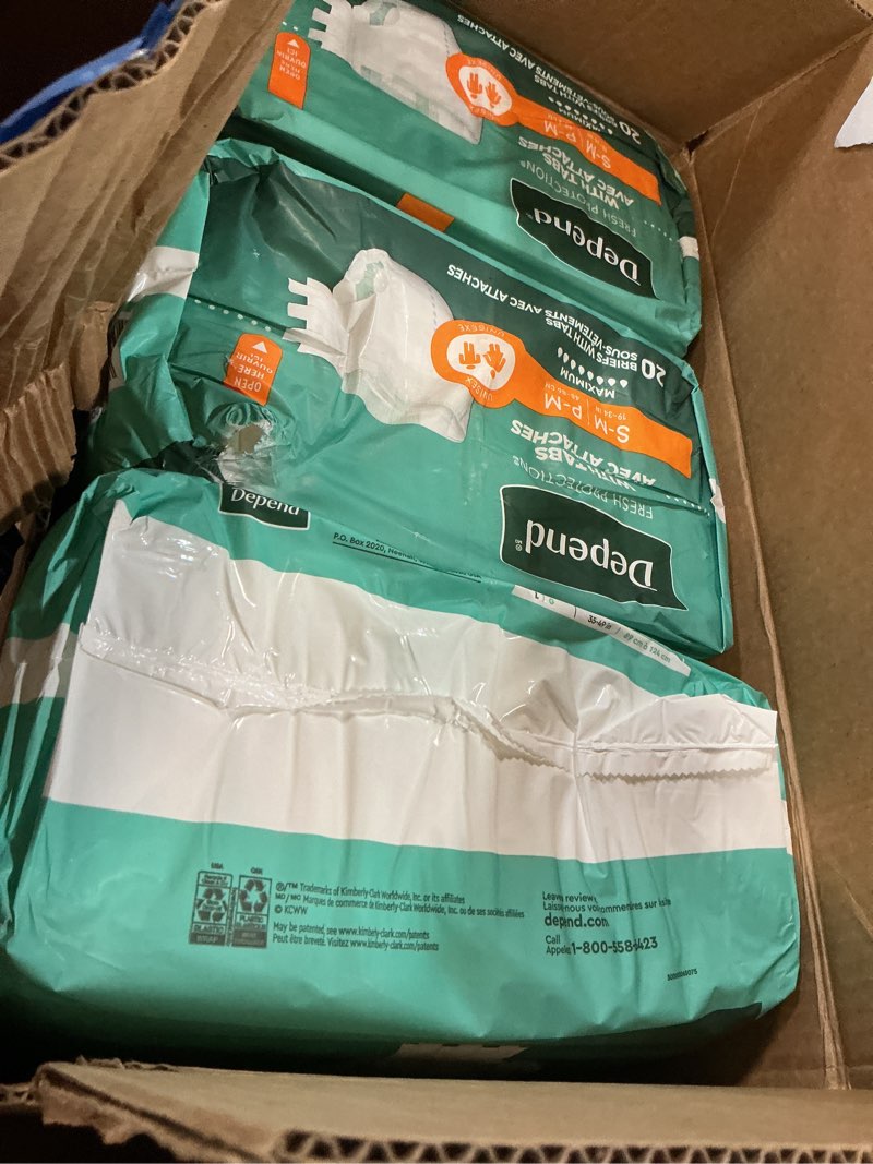 Condition photo showing Good Condition for depend adult diapers with tabs, incontinence protection with tabs, unisex, small/medium (19–34" waist, up to 170 lbs), maximum absorbency, 60 count (3 packs of 20)