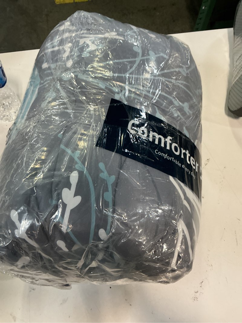 Condition photo showing Good Condition for djy grey comforter set queen size reversible branch bed in a bag 7 piece, gray blue botanical floral comforter soft microfiber bedding set for all season (90''x90'') grey blue queen