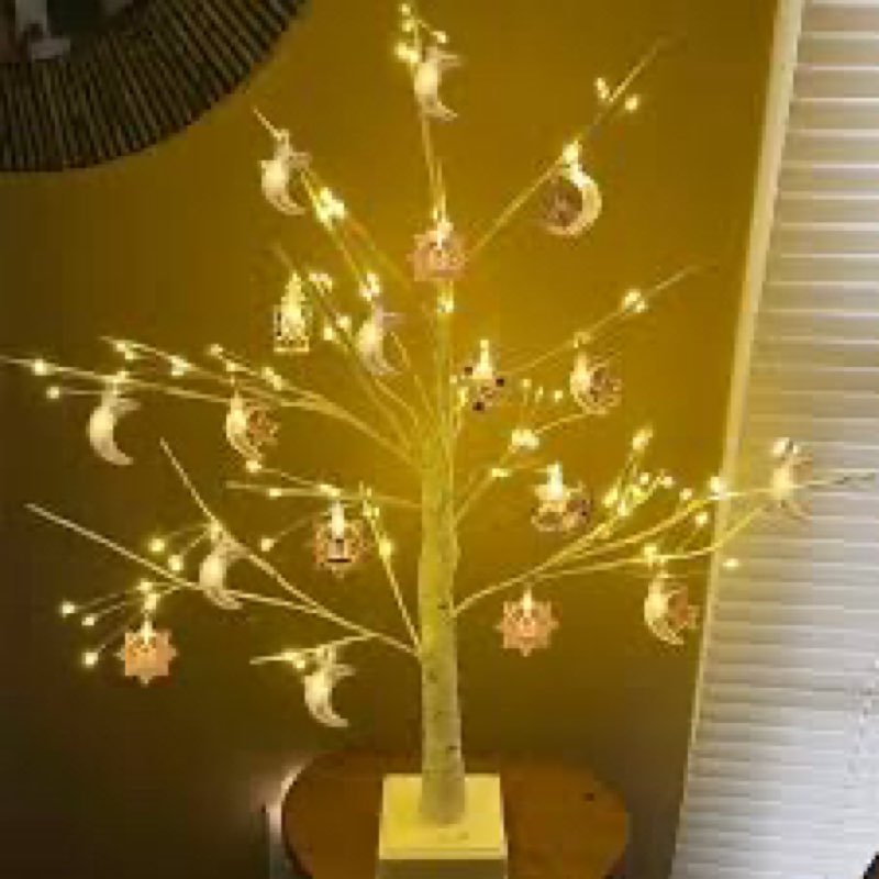 Ramadan Decorations Lighted Birch Tree with Wooden Eid Mubarak Hanging Tree Ornaments Moon Star Isla