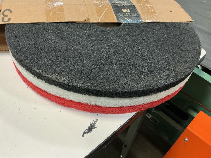 Condition photo showing Good Condition for 3 pcs 20" cleaning orbiter pads commercial floor buffer pads hardwood floor maintenance scrubber, polishing cleaning and stripping for orbiter machine(red, black, white)