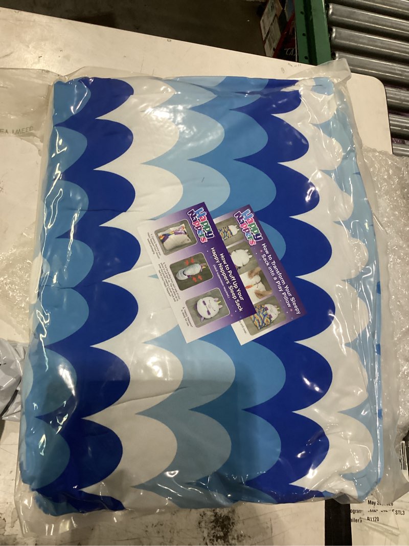 Condition photo showing New/Like New for happy nappers pillow & sleepy sack- comfy, cozy, compact, super soft, warm, all season, sleeping bag with pillow- blue shark (medium- 54” x 20”)