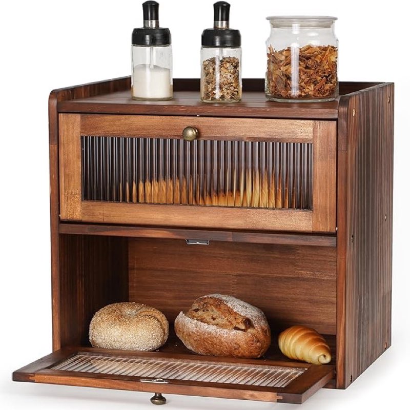 GUUSII HOME Bread Box Large Bread Bin Vintage Kitchen Countertop Double Layer 36 x 24 x 34 cm Bread Storage Container with Acrylic Door (Retro Brown)