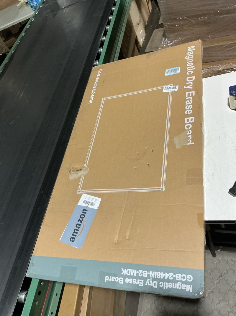 Condition photo showing As Is for newbulig white board, 48" x 24" magnetic dry erase board for wall with 1 dry eraser & 2 multi-color markers & 4 magnetic pins, silver aluminum frame for office, home, school