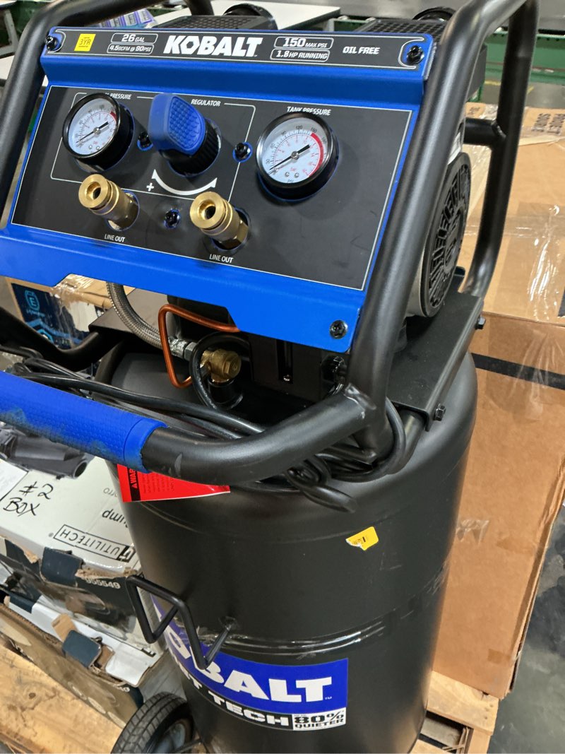 Condition photo showing As Is for doesn’t work)kobalt quiet tech 26-gallon portable electric 150 psi vertical air compressor