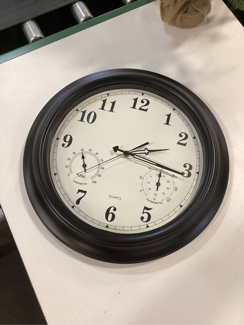 Condition photo showing As Is for Pure Garden Outdoor Clock - 18 Inch Wall Clock with Thermometer and Hygrometer - Battery Waterproof Clock - Outdoor Clocks Waterproof 18 inches