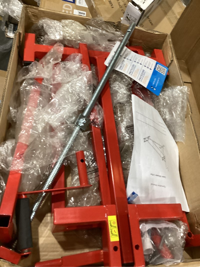 Condition photo showing As Is for lawn mower lift jack with hand crank and power extension handle, red | 880 lbs capacity lifting jack for garden tractors, riding lawn mower maintenance lift, telescopic maintenance jack