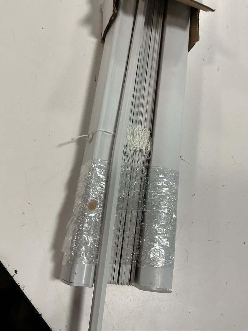 Condition photo showing As Is for project source light filtering 1-in slat width 23-in x 72-in cordless white vinyl light filtering mini-blinds