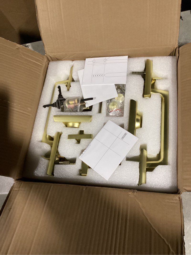 Condition photo showing Good Condition for Moquin Double Front Door Lock Set, Brushed Gold Square Front Door Hardware Set with Dummy, Heavy Duty Door Handle with Deadbolt, Stain Brass Double Entry Door Lock Set with Reversible Handle Satin Brass