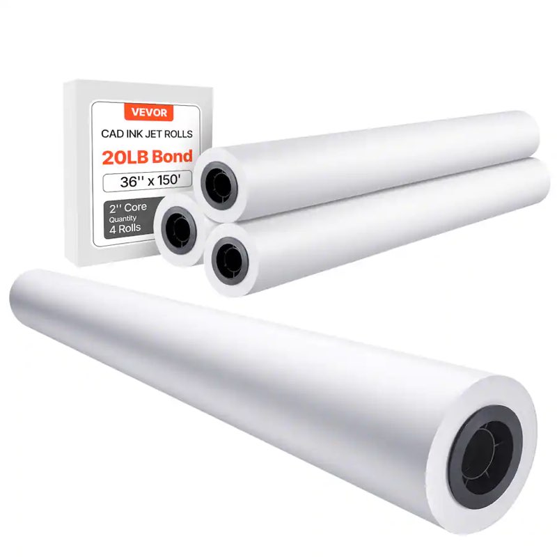 VEVOR - Wide Format Paper, 36 in x 150 ft Plotter Paper, 4 Rolls CAD Bond Rolls with 2 in Core, 20 LB Bond Paper Rolls - High White