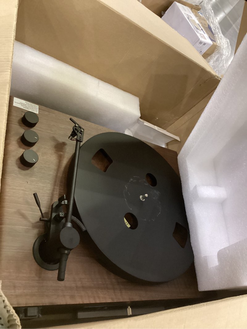 Condition photo showing As Is for Crosley CR6046A-WAGL Stave 2-Speed Bluetooth Record Player Turntable with Built-in Speakers, Walnut