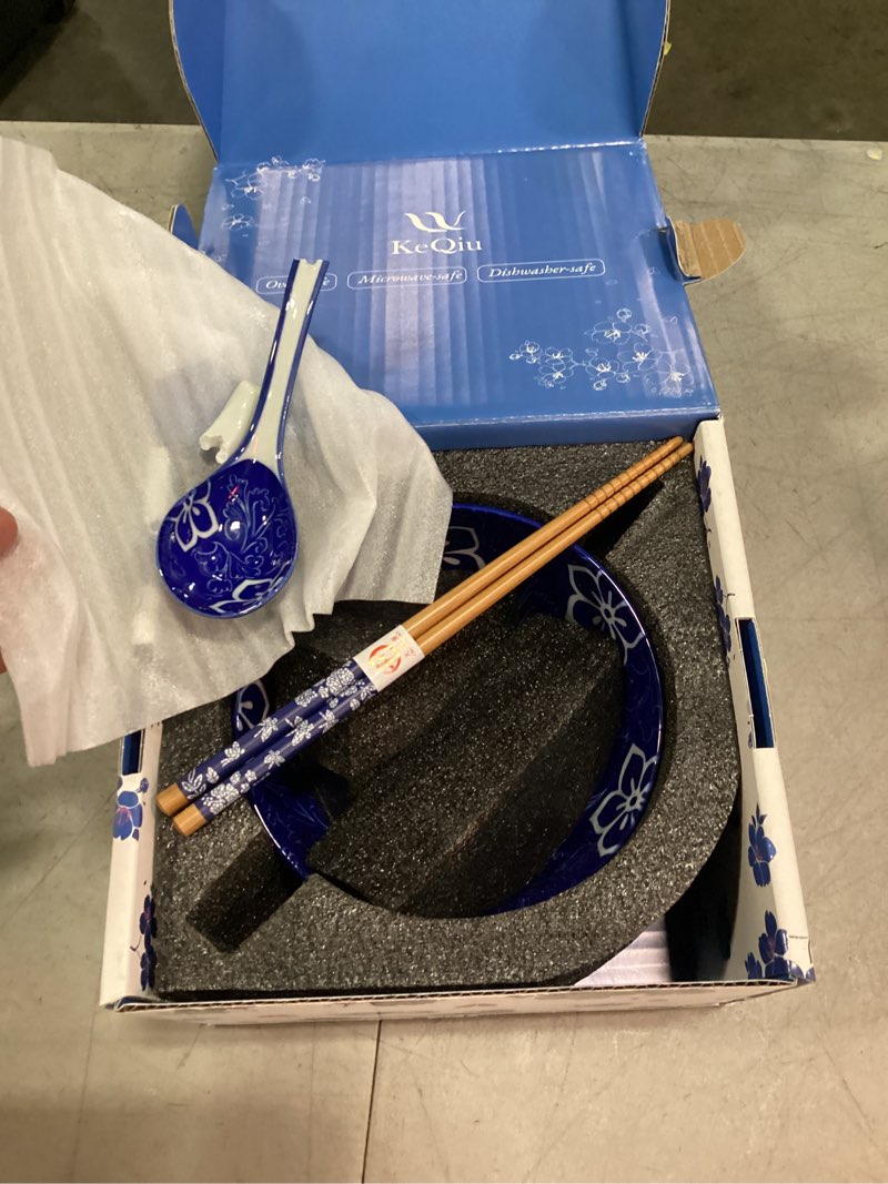 Condition photo showing As Is for 28oz ceramic ramen noodle pho bowl set with chopstick spoon gift box