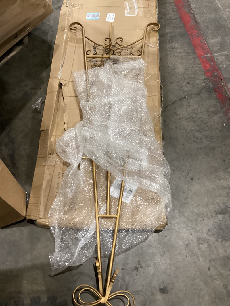 Condition photo showing Good Condition for metal free standing adjustable display stand easel with chain support, gold easel stand for sign with bow top, heavy duty easel for mirror, sign, wedding, picture frame.(no installation required) bow accent