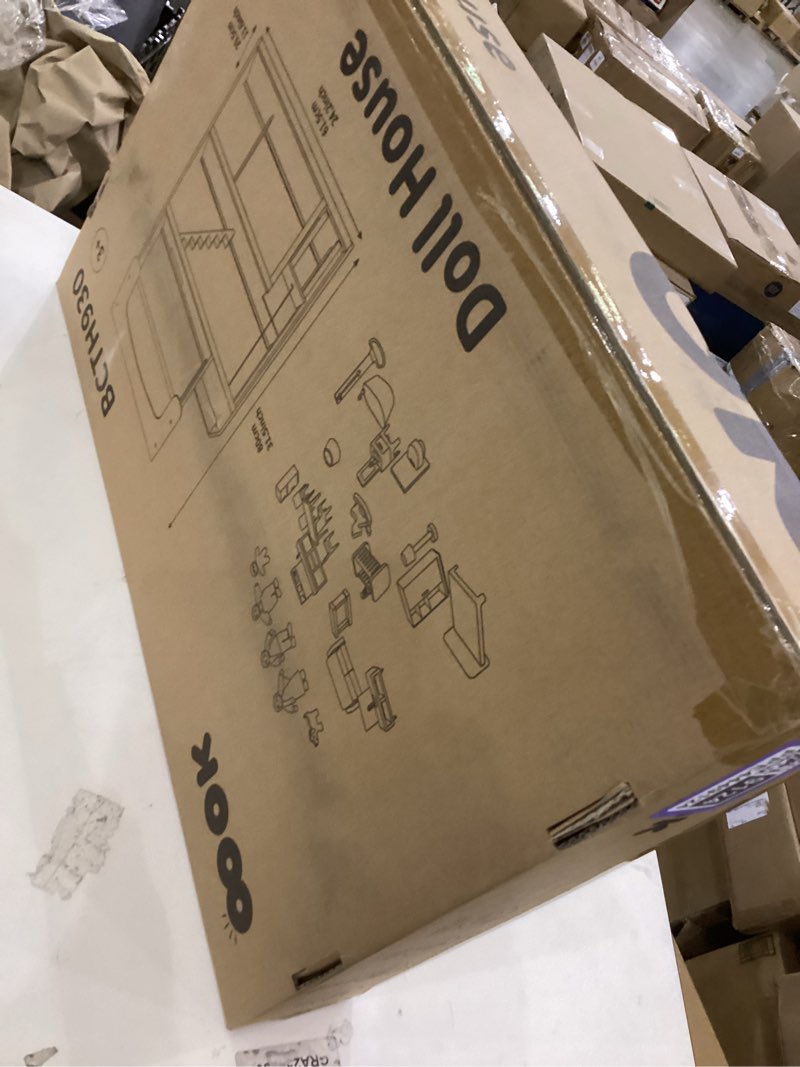 Condition photo showing As Is for OOOK Wooden Dollhouse with Liftable Elevator - 2.6 Feet High Modern Doll House for Kids Toddlers - Including 21 Furniture Pieces, 4 Family Dolls, and 1 pet