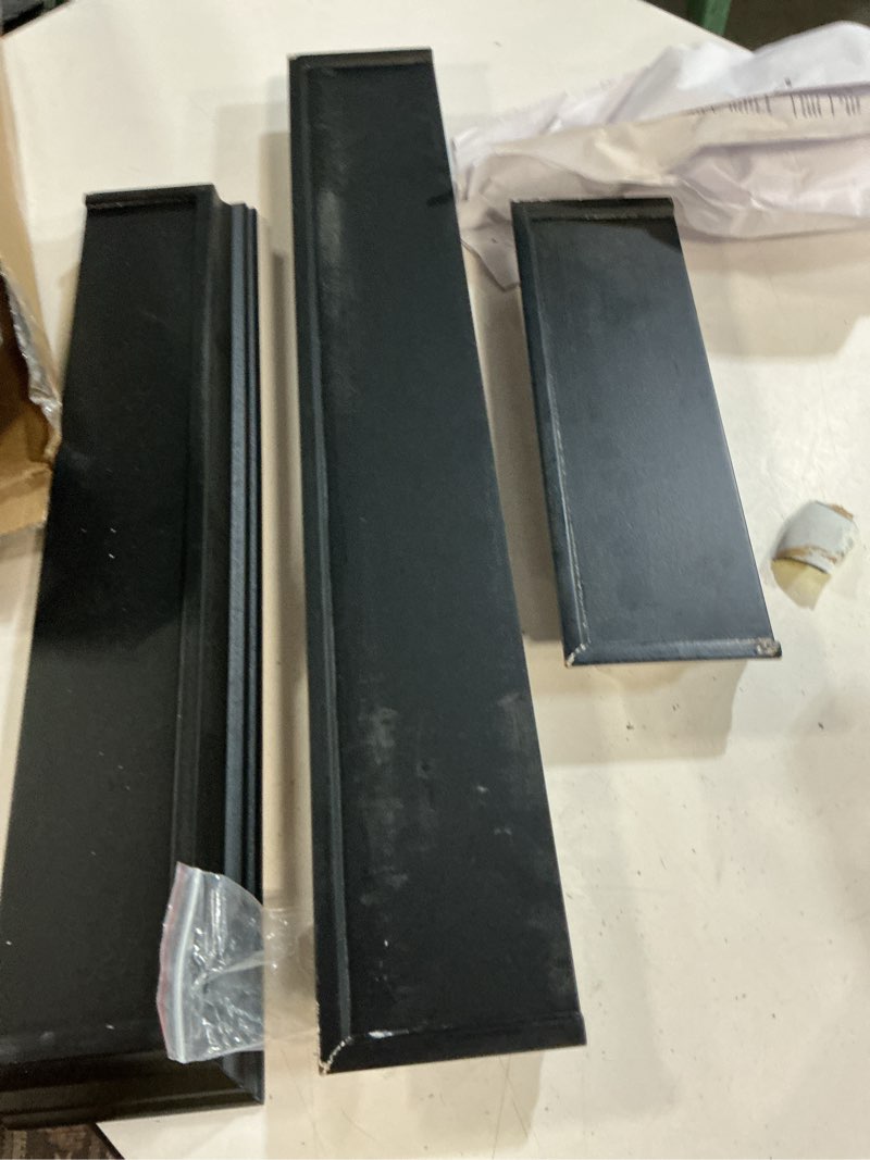 Condition photo showing As Is for melannco floating wall shelves for bedroom, living room, bathroom, kitchen, nursery, set of 4, black, 4 count