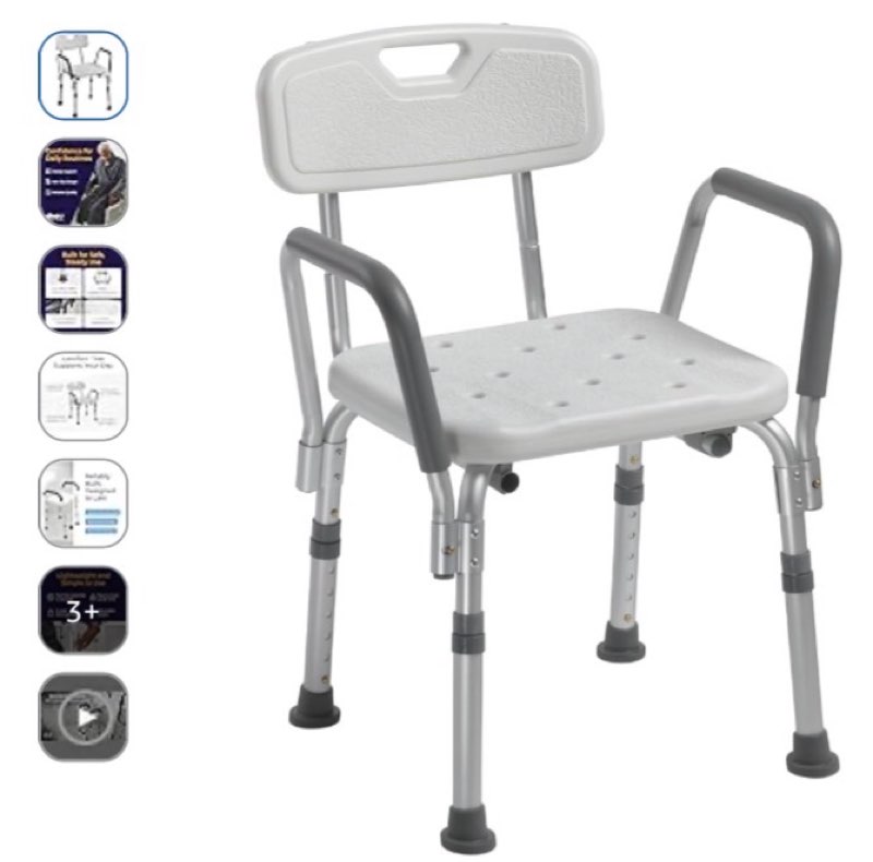 drive medical shower chair with back & padded arms - adjustable height bath seat for safety & comfort - lightweight aluminum construction