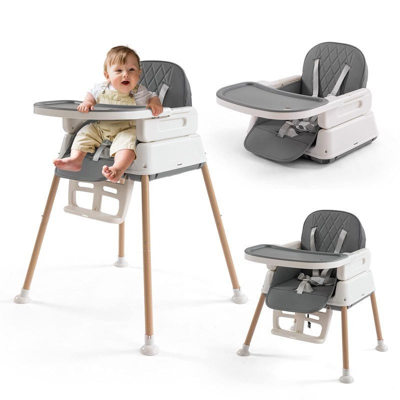 3 in 1 Portable Baby High Chair for Babies and Toddlers, Adjustable Convertible Infant Baby Feeding Chair Booster for Eating with Detachable Double Tray, 5 Point Harness, grey 