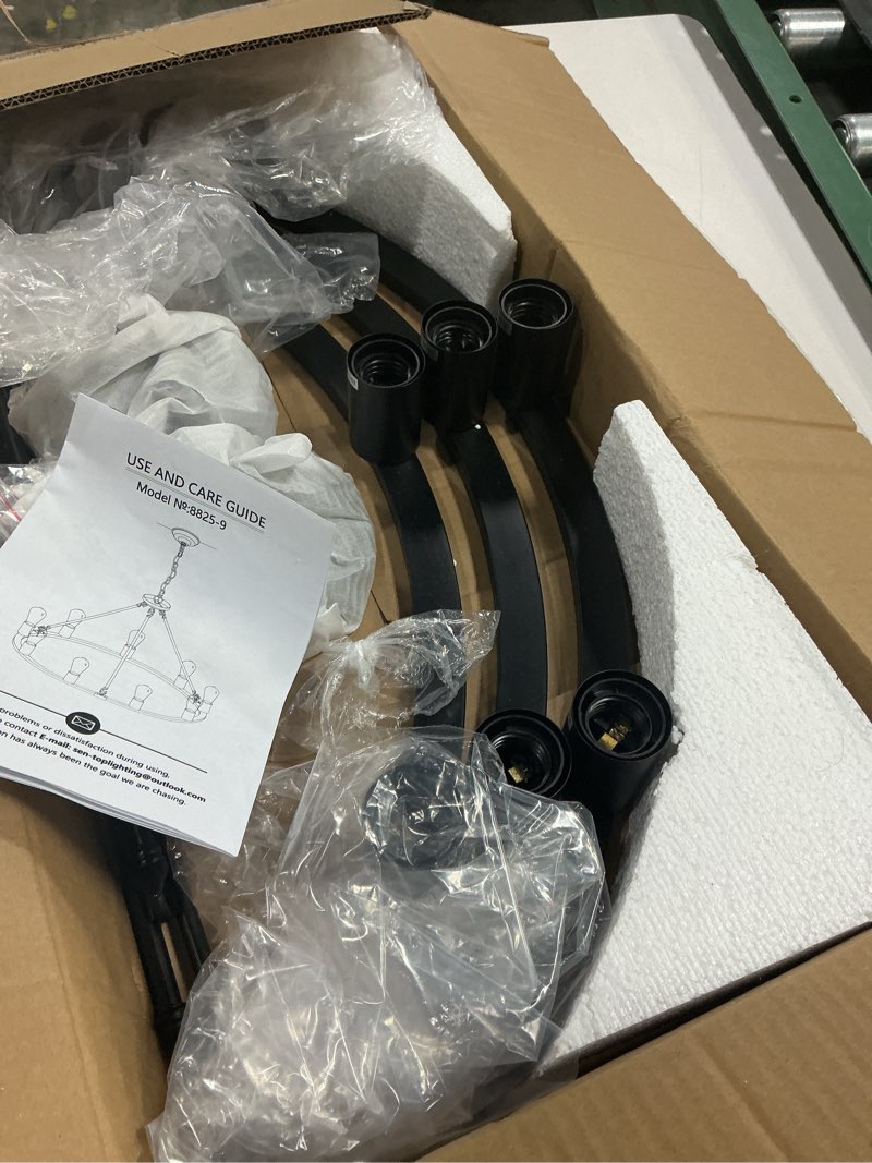 Condition photo showing Good Condition for Black Chandelier, 6-Light Dining Room Light Fixture, Round Farmhouse Wagon Wheel Chandeliers for Dining Room Living Room Entryway Kitchen Island Dia 24" Black D24'' 6-Light