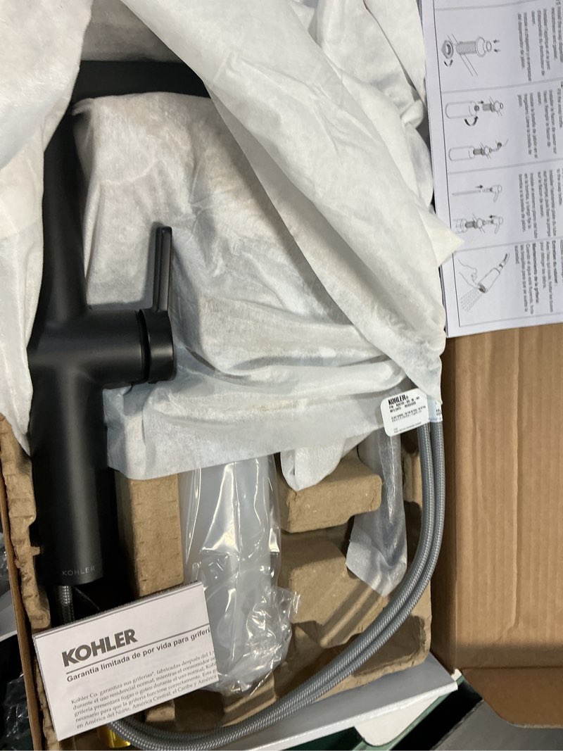 Condition photo showing New/Like New for kohler koi matte black single handle pull-down kitchen faucet with sprayer (deck plate and soap dispenser included)