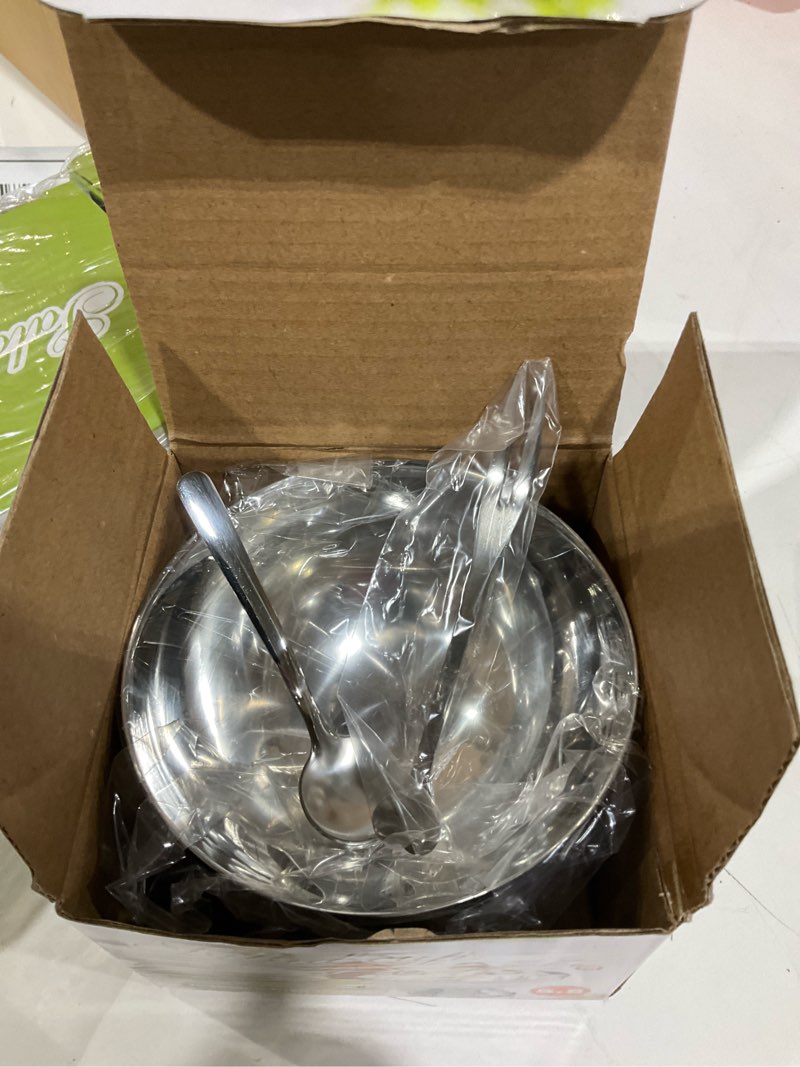 Condition photo showing Good Condition for Okllen 4 Pack Stainless Steel Footed Ice Cream Cups with Spoons & Forks, 4 inch Reusable Dessert Bowls for Sundae, Parfait, Yogurt, Party Serving - Dishwasher Safe