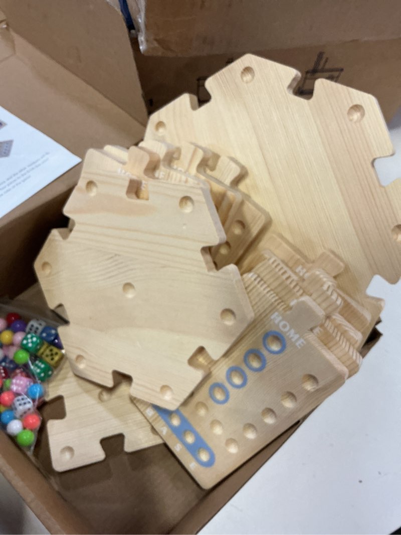 Condition photo showing Good Condition for wooden board game, the wooden board can provide a gaming experience for 2 to 8 players, featuring 3 central hubs, 32 marbles, and 16 dice. it is suitable for family and friend gatherings board games