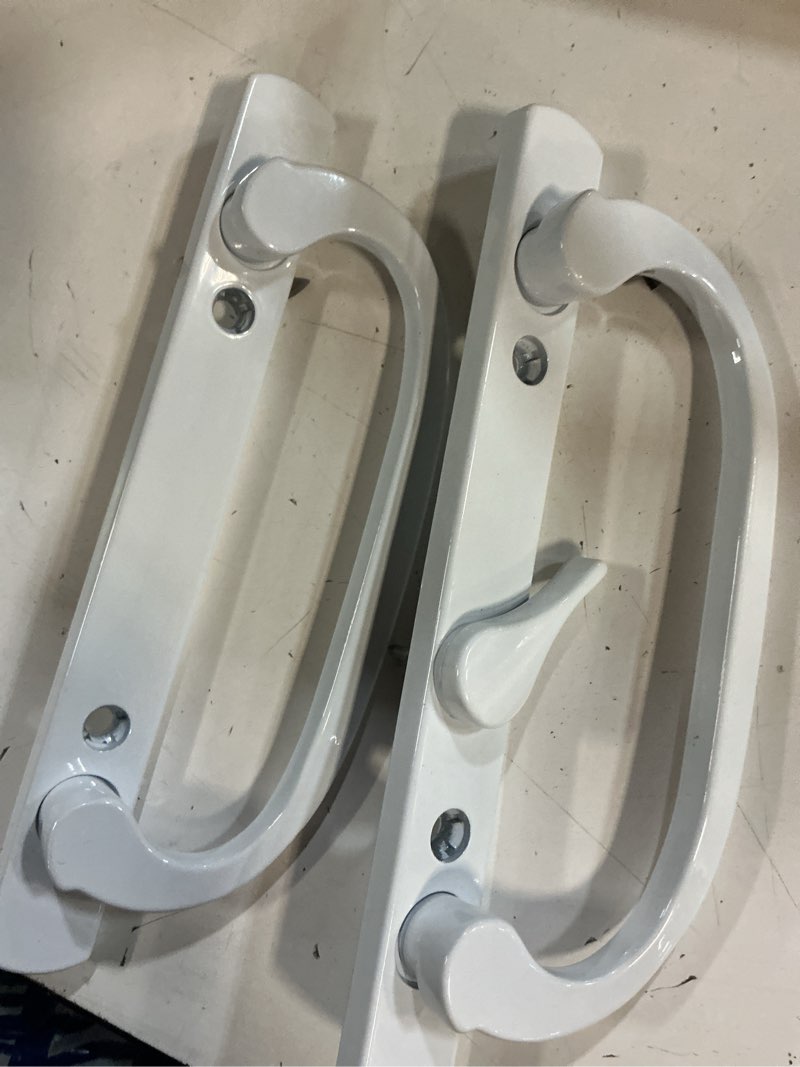 Condition photo showing As Is for patio door handle set + mortise lock 45° perfect replacement for sliding glass door fits 3-15/16” screw hole spacing, non-keyed with latch locks,white diecast,reversible design(non-handed)