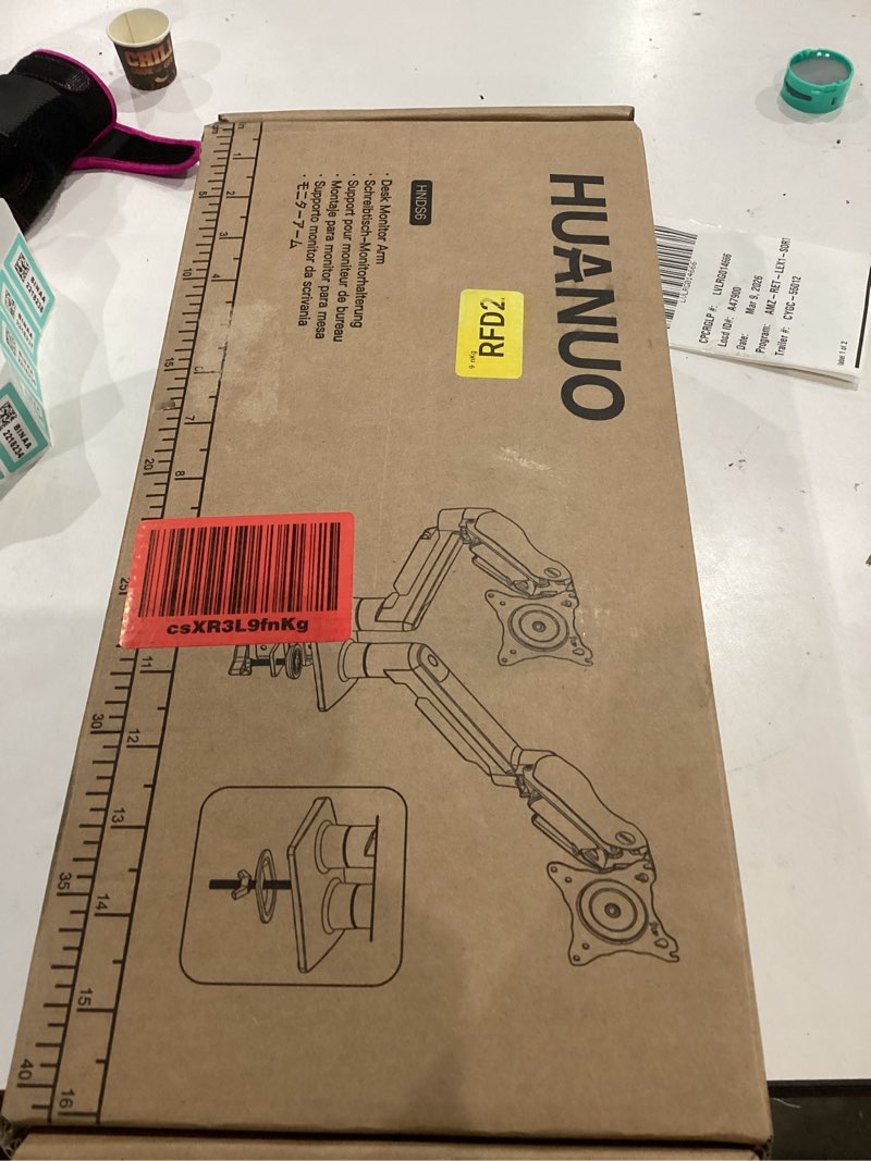 Condition photo showing Good Condition for HUANUO Dual Monitor Stand, Fully Adjustable Gaming Monitor Desk Mount for 13–32? Computer Screens, Full Motion VESA 75x75/100x100 with C-Clamp & Grommet Base, Each Arm Holds 4.4 to 19.8 lbs Black 13-32 Inch