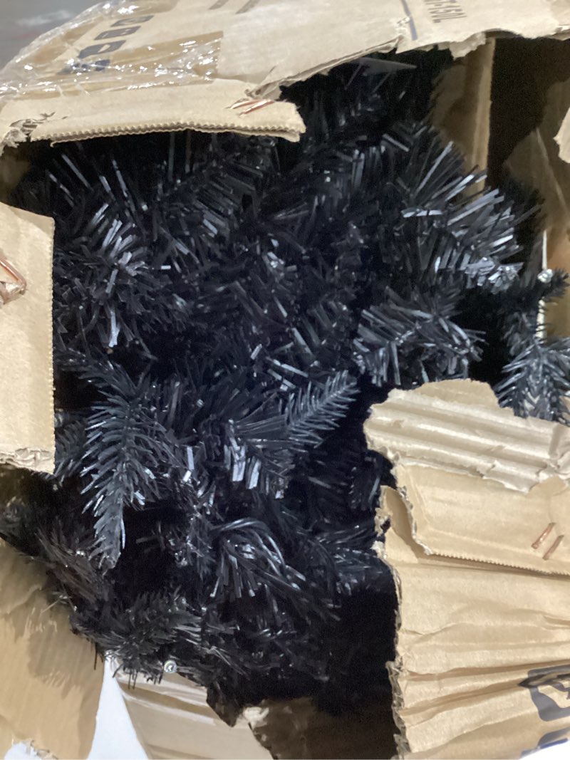 Condition photo showing As Is for 4FT PreLit Black Christmas Tree with 150 Lights, Artificial Fake Christmas Tree with 666 PE&PVC Branch Tips, Halloween and Xmas Tree for Holiday Decorations, Metal Stand and Hinged Branches