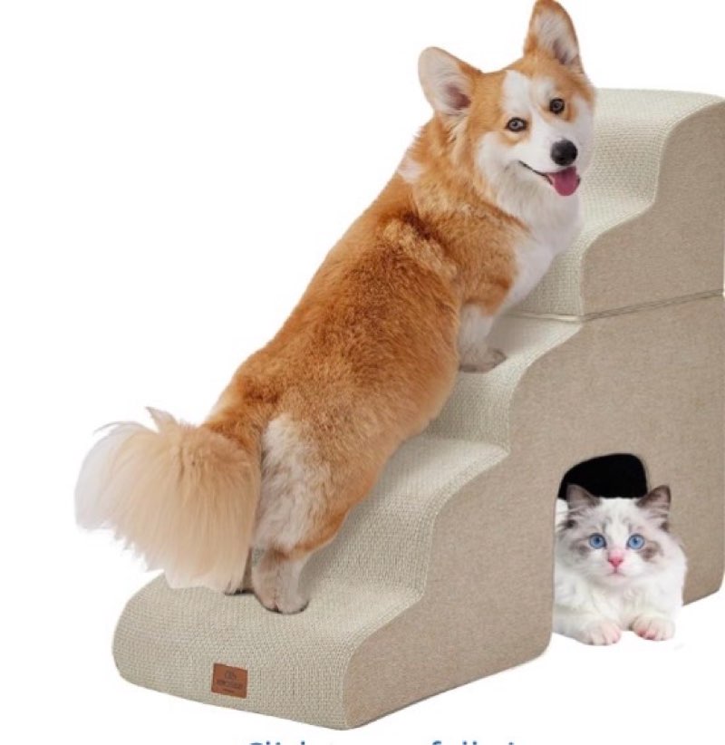 joydeco dog stairs for bed 29\" h, 5-step pet steps for small dogs and cats, dog steps for high bed, non-slip balanced ramp indoor pet stairs, beige