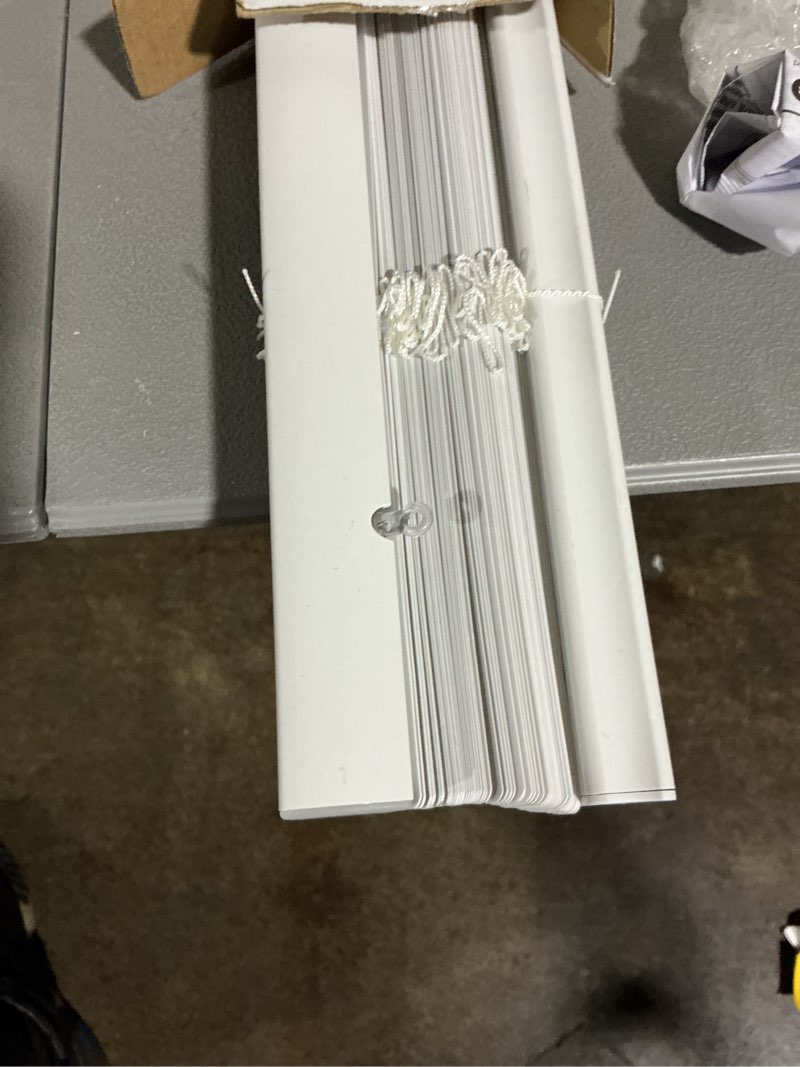 Condition photo showing As Is for project source room darkening 1-in slat width 32-in x 64-in cordless white vinyl room darkening mini-blinds