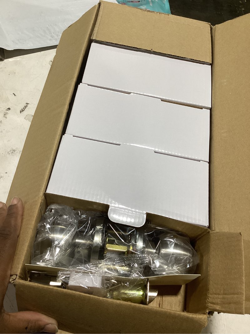 Condition photo showing As Is for plustool 10 pack privacy door knobs interior, satin nickel doorknob with lock -ansi grade-3 certified,keyless door locks for bedroom,bathroom, modern heavy duty handle with round ball, easy to install