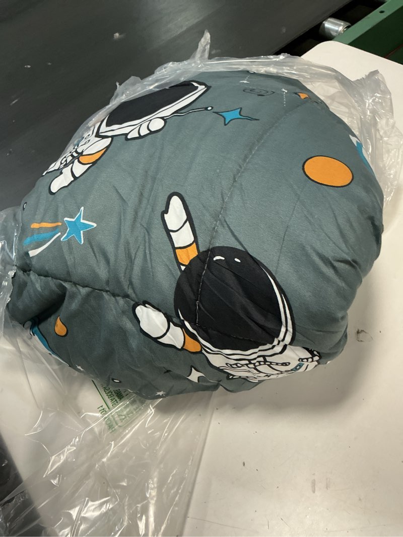 Condition photo showing As Is for jsd grey astronaut toddler bedding set, 4 piece space theme bed-in-a-bag comforter sheet set, machine washable grey astronaut toddler size