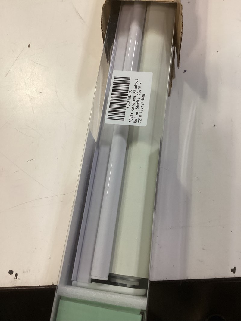 Condition photo showing Good Condition for aosky cordless roller shades blackout blinds for windows room darkening rolled up shades with spring system, uv protection window shades door blinds for home and office (26" w x 72" h, ivory) 26"w x 72"h ivory