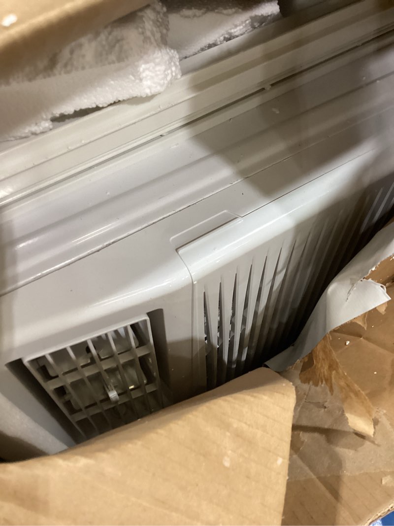 Condition photo showing As Is for amana 8,000 btu window air conditioner with dehumidifier, 115v, window ac for rooms up to 350 sq. ft., bedrooms, bathrooms, and nurseries with remote control, digital display, timer, 3 cooling speeds 1 count (pack of 1) electronic