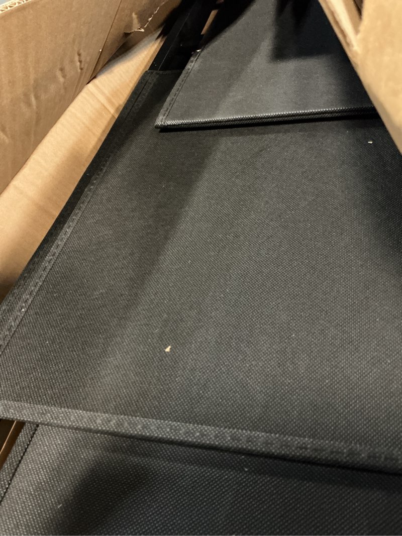 Condition photo showing As Is for nightstand, 4 drawer dresser end table bedside furniture with wooden top steel frame fabric bins for bedroom, closet, entryway, dorm, living room, black