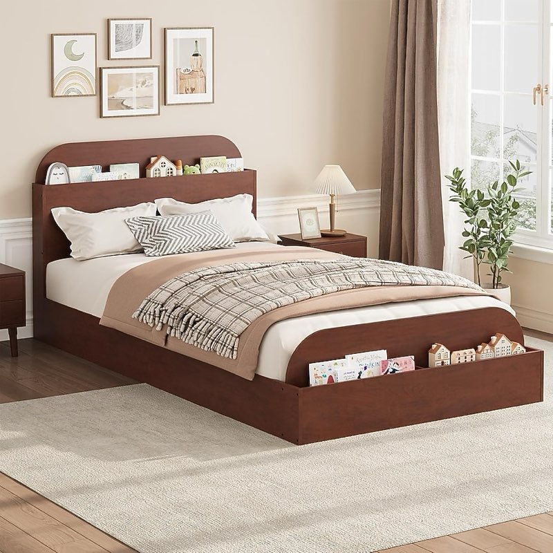 Garvee Twin Size Bed Frame with Storage Headboard and Raised Footboard – Wooden Twin-Floor Low Platform bed