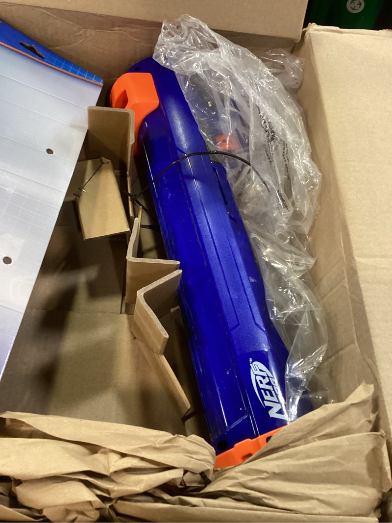 Condition photo showing Good Condition for nerf dog large size tennis ball blaster dog toy, great for fetch, hands-free reload, launches up to 50 ft, single unit, 20in blaster with 3 balls in mesh bag, blue/orange, blue, green and orange 20 in large blaster with 3 balls 1