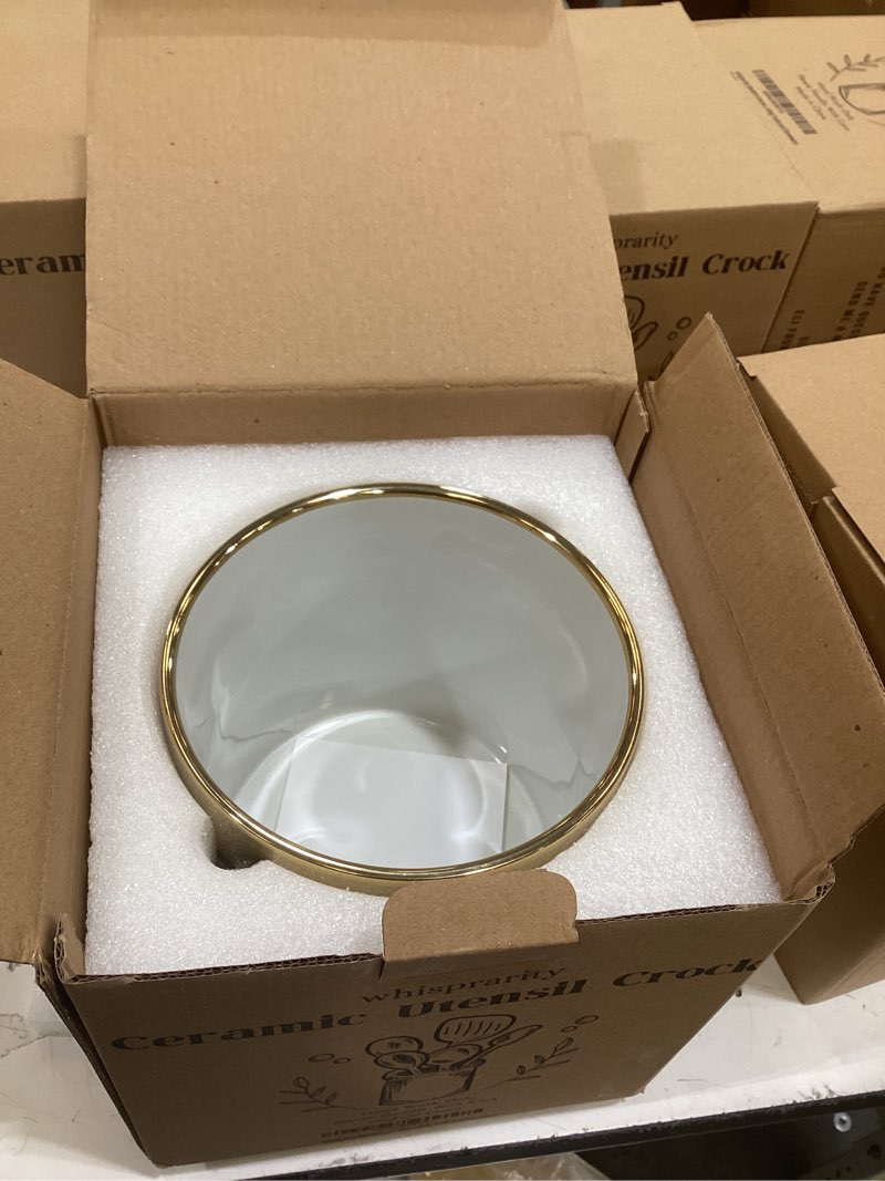 Condition photo showing New/Like New for modern ceramic kitchen utensil holder - white with gold rim with non-slip base - elegant caddy for cooking tools and serveware