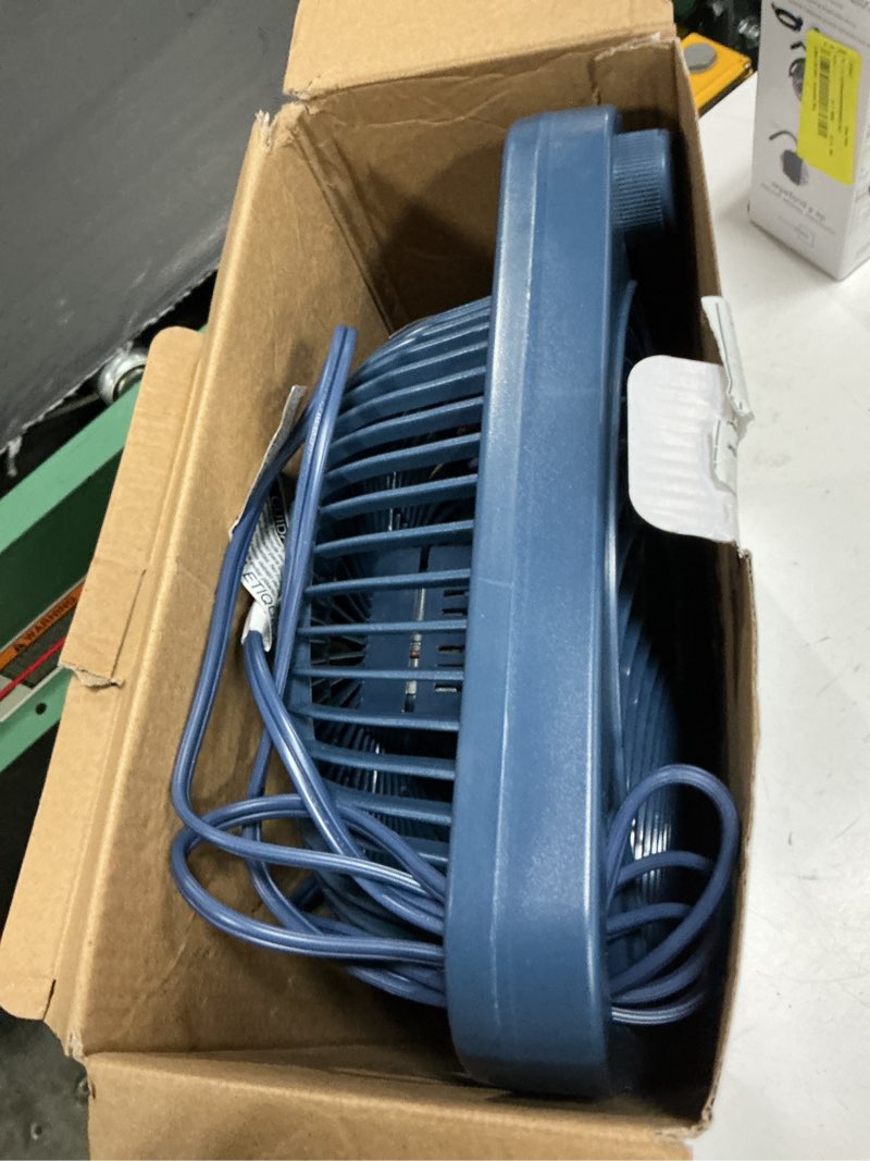 Condition photo showing As Is for mainstays 9" 3-speed indoor personal table electric fan, portable handle, washed indigo, model#fn2006wi, new 2026 model