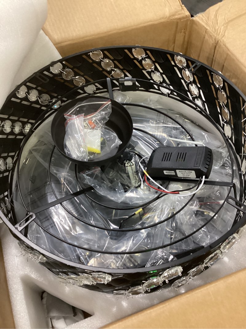 Condition photo showing As Is for Fandelier Ceiling Fan with Light, 42" Retractable Ceiling Fans with Lights Crystal Chandelier Fan, LED Dimmable Ceiling Fan Chandeliers for Bedroom Living Room, DC Motor, 6 Wind Speed - Black 121 Black 42 inch